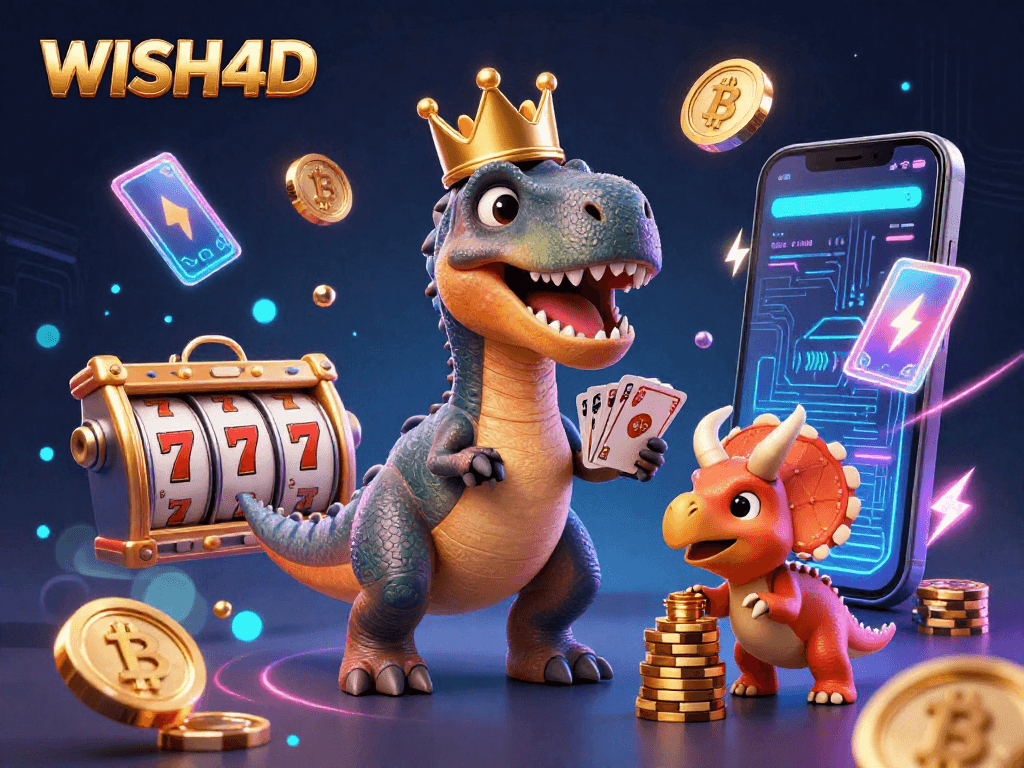 WISH4D showcases a humorous T-Rex shuffling cards with assistance in a vibrant casino scene.