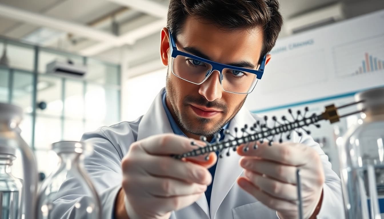 Analyze peptides in a cutting-edge research lab with advanced scientific equipment.