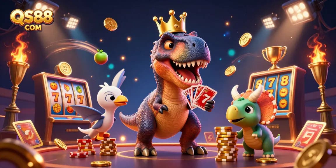 Engage in exciting casino adventures with QS88 COM, featuring a friendly T-Rex shuffle cards in a vibrant setting.