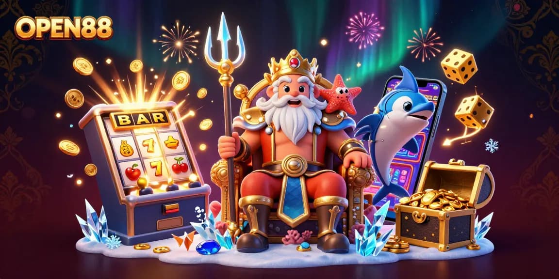 Experience exhilarating gaming with OPEN88, featuring Neptune and his samurai in a rich casino setting.