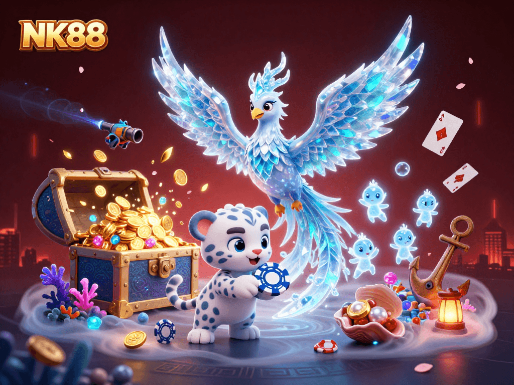 Experience the magic of NK88 with a vibrant 3D scene featuring an ice phoenix and playful leopard cub.