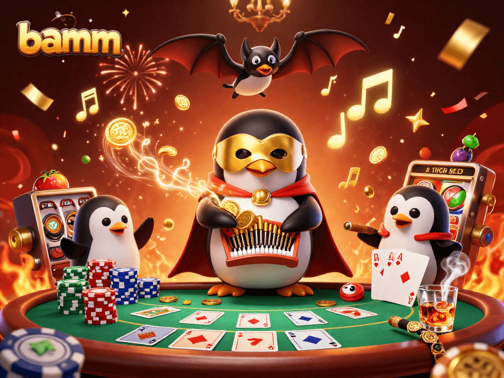 Engage with bamm's thrilling casino scene featuring a penguin playing while golden coins fly around.