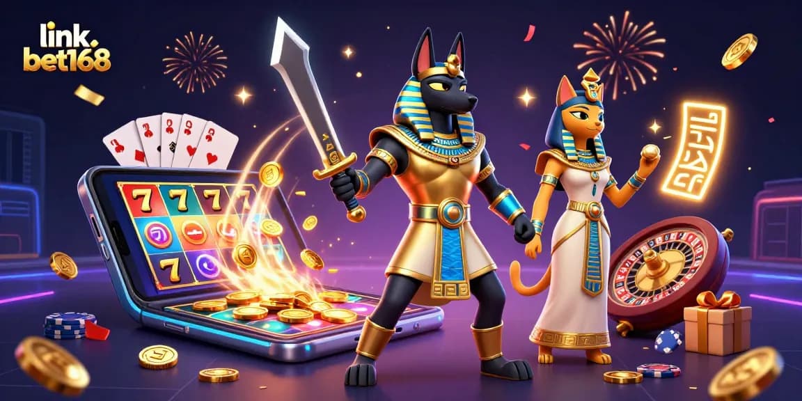Experience the thrill of link bet168 gaming with Anubis and Bastet in a vibrant 3D casino scene.
