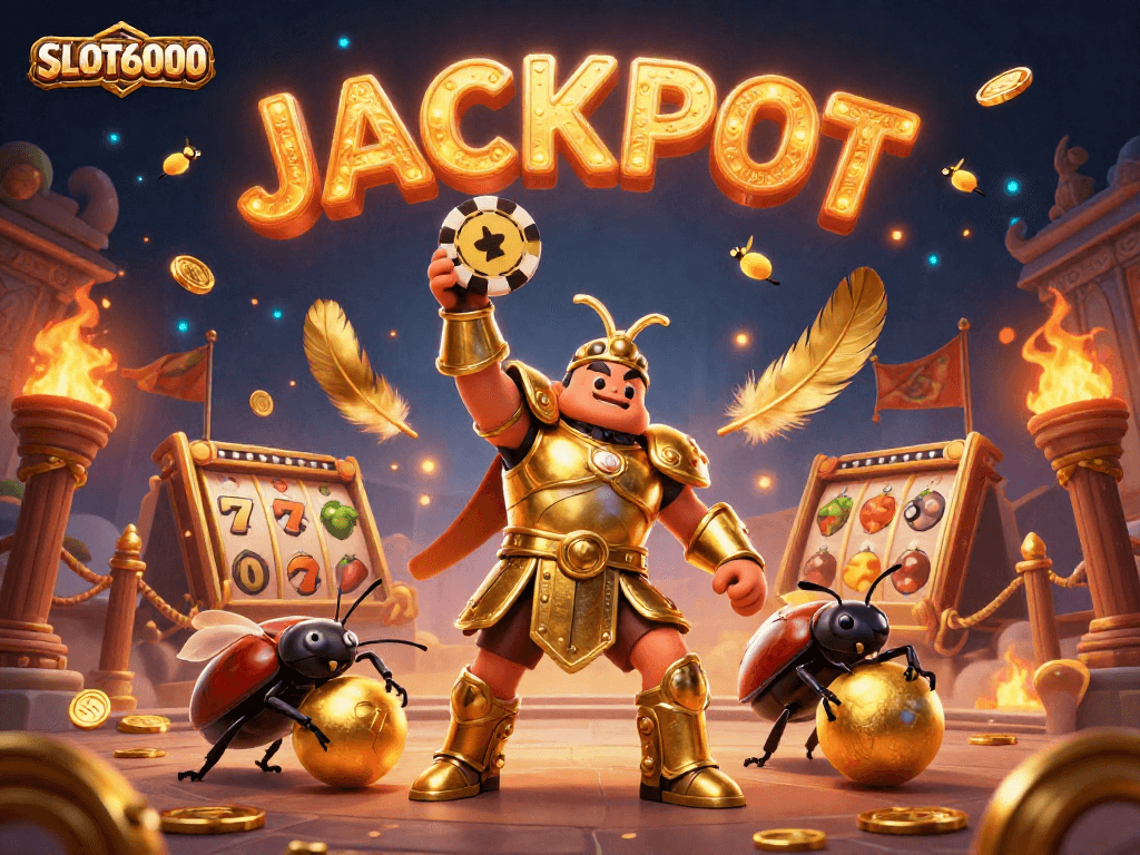 Engage with SLOT6000's thrilling slot reels victory as vibrant beetles celebrate with jackpots and coins.
