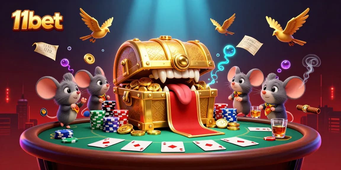 Engage with 11bet's vibrant casino world, featuring a golden treasure chest and poker action.