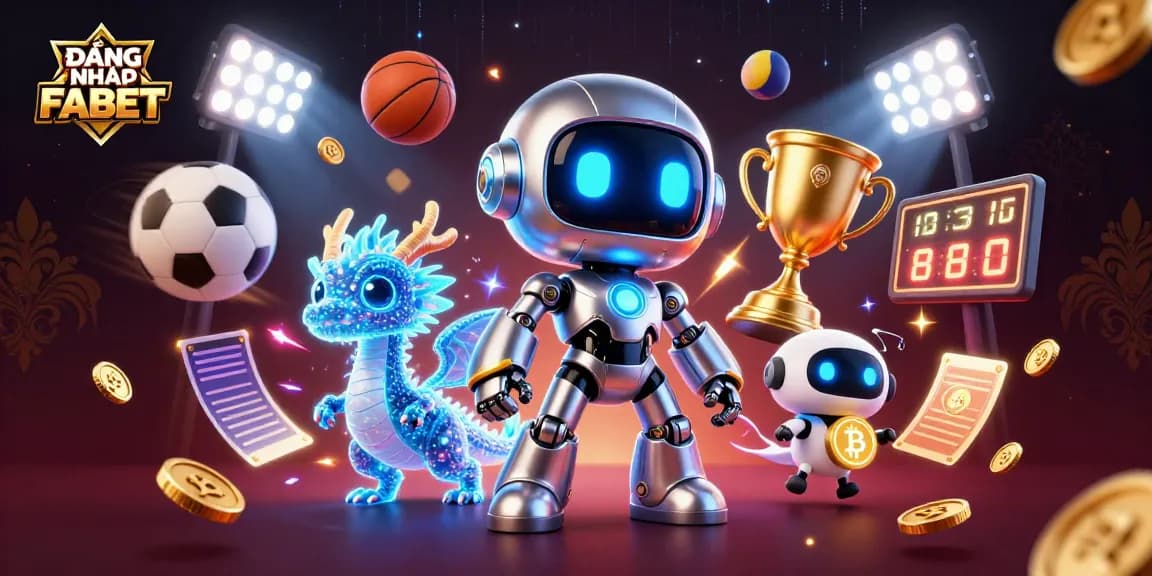 Engage with ĐĂNG NHẬP FABET through an immersive 3D casino scene featuring vibrant sports elements.