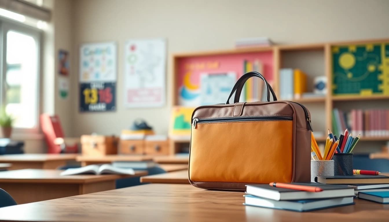 Nutzen Sie die Handytasche Klassenzimmer stilvoll mit praktischem Design auf einem Schreibtisch.