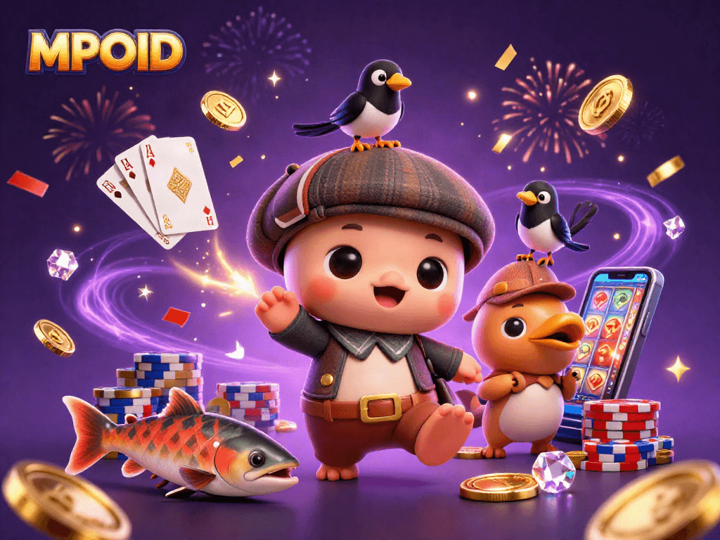 MPOID's vibrant casino scene showcasing playful characters and sparkling games for thrilling gambling experiences.