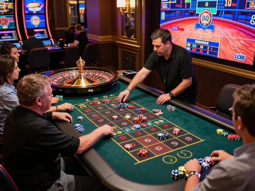 Players engaging in an exciting roulette game at LC88’s online casino, showcasing vibrant graphics and betting action.