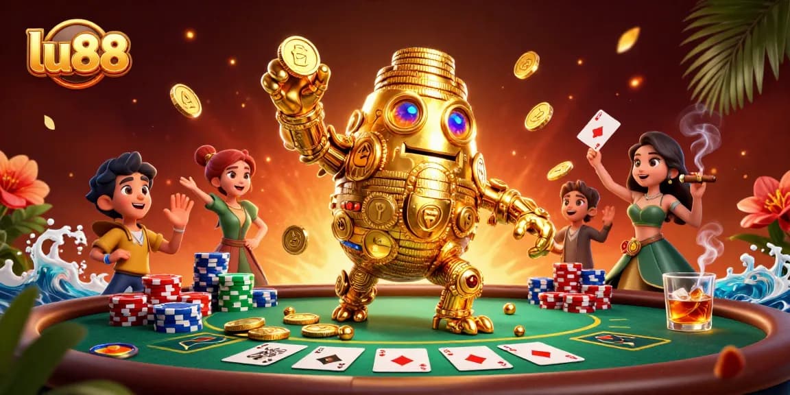 Experience thrilling gaming at lu88 with an ancient golden golem in a lavish casino scene.