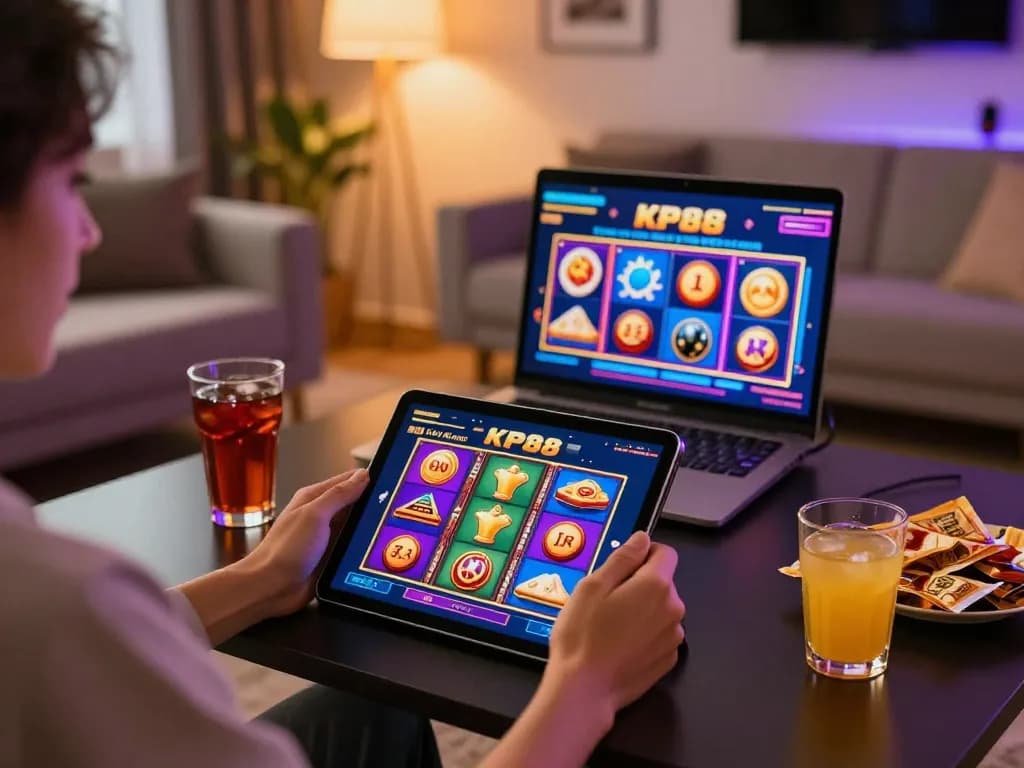 Engaged player enjoying KP88 casino gaming on tablet with exciting slot visuals.