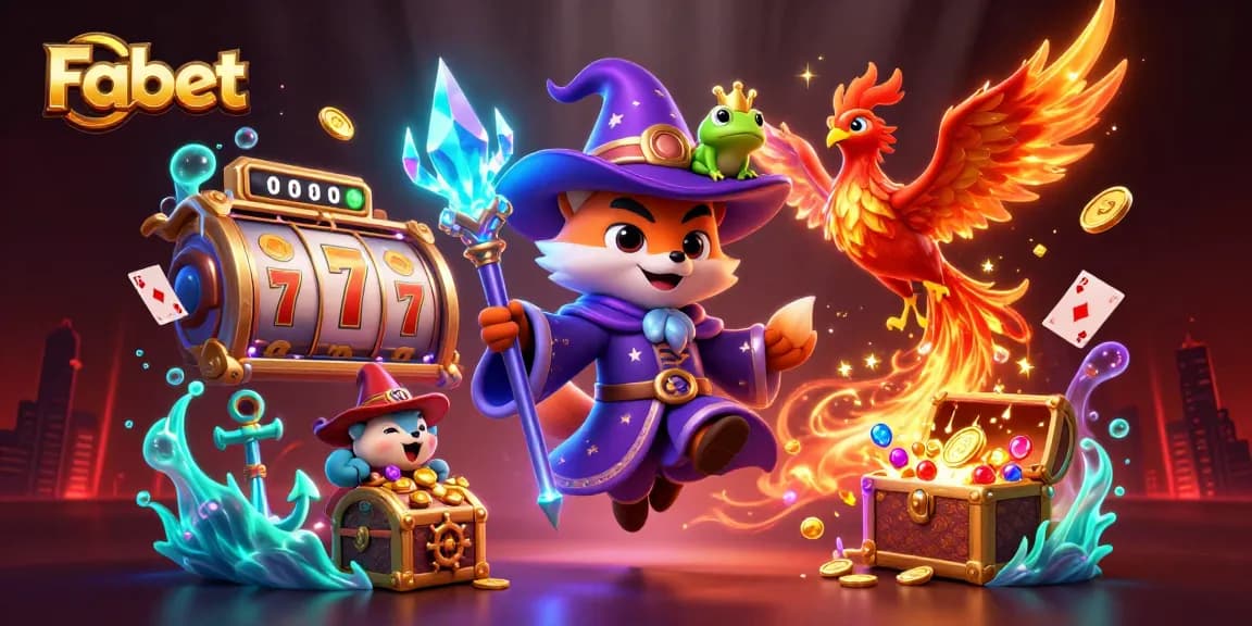 Win big with Fabet as mystical characters showcase vibrant casino fun in a 3D illustration.