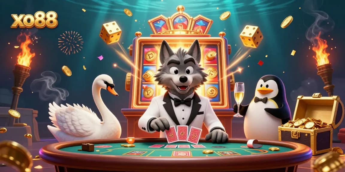 Experience the thrill of xo88 with a vibrant casino scene featuring a charming wolf dealing cards at a baccarat table.
