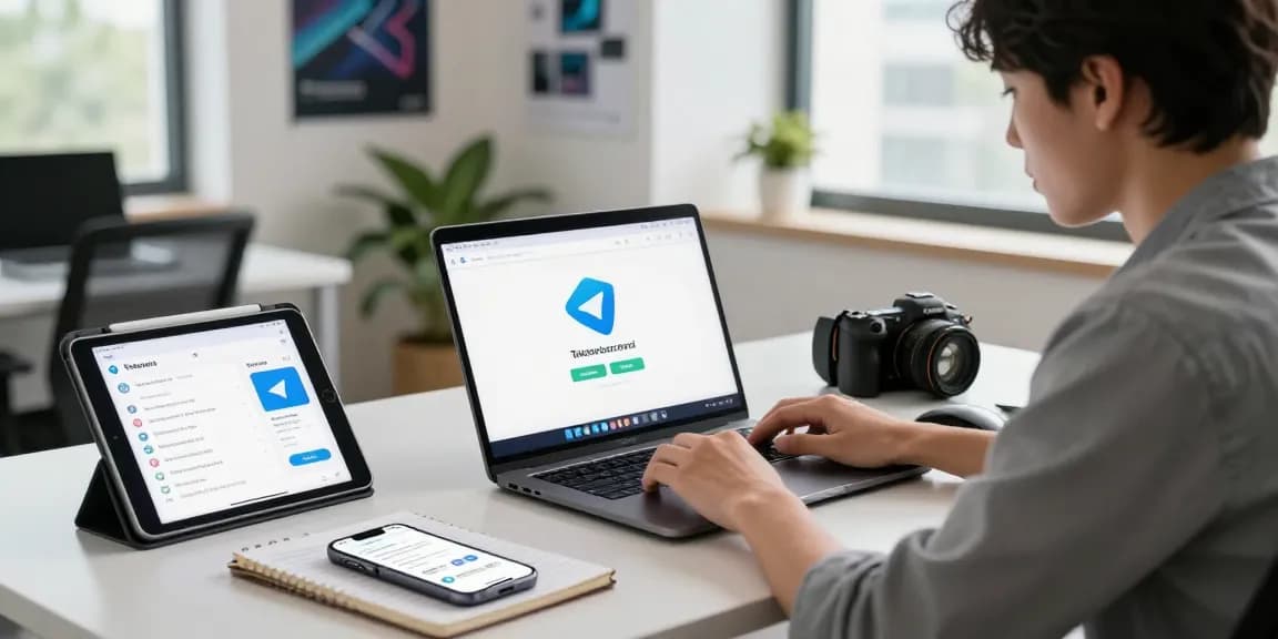 Engaging workspace showcasing Telegram download on laptop and smartphone notifications in a modern office.