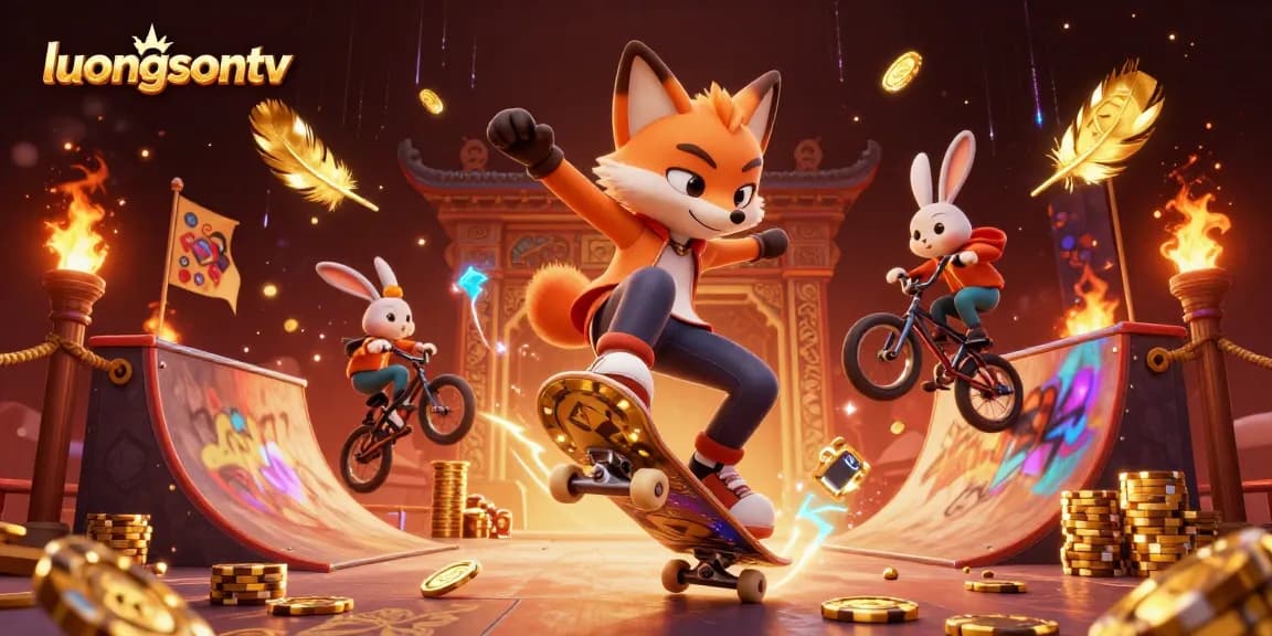 Experience dynamic action with luongsontv as the fox skater performs tricks over golden poker chips in a vibrant casino environment.