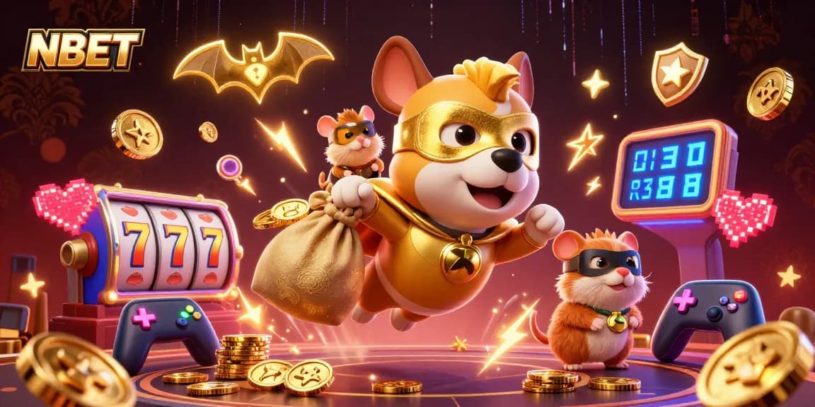 NBET rewards await as a superhero dog and hamster engage in thrilling casino action.