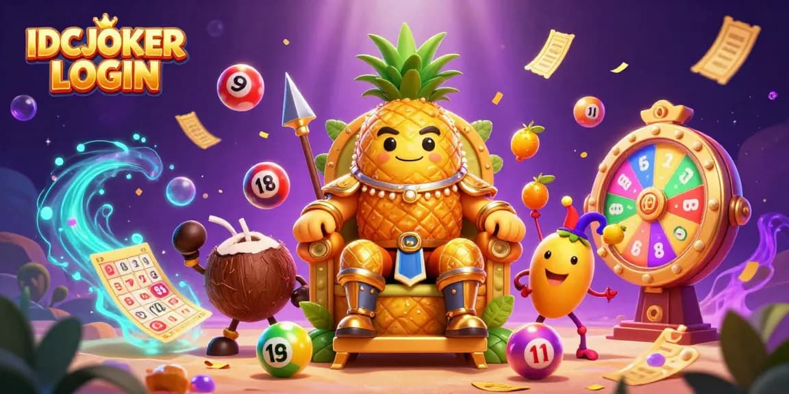 IDCJOKER LOGIN showcases a vibrant digital casino scene with a golden pineapple king and interactive gaming elements.