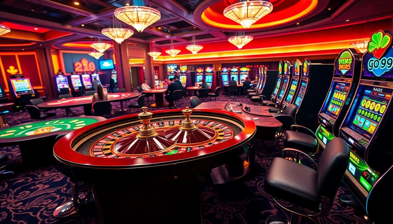 Experience the excitement of "go 99" at a luxurious casino featuring roulette and poker tables.