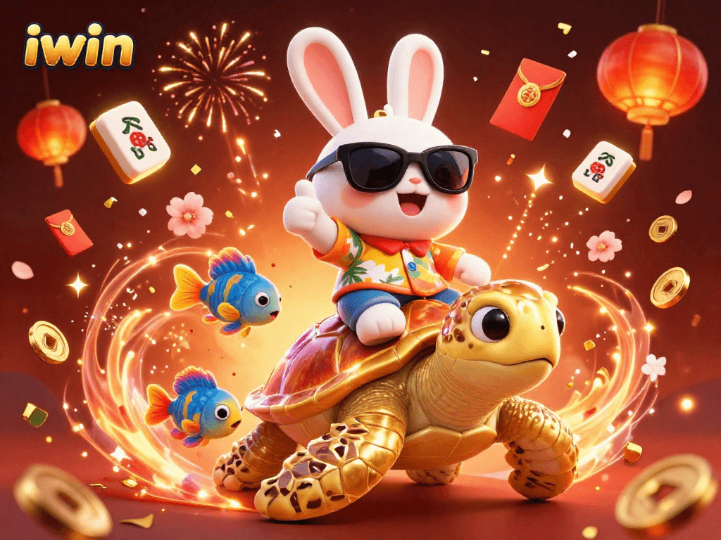 Experience luck with iwin as a cartoon rabbit rides a golden turtle in a vibrant casino scene.