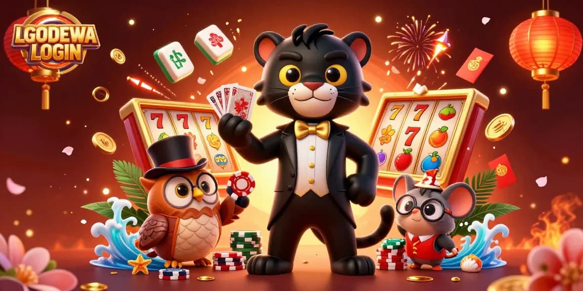 Engage in gaming with LGODEWA LOGIN, as a stylish panther deals cards among slot reels and festive decorations.