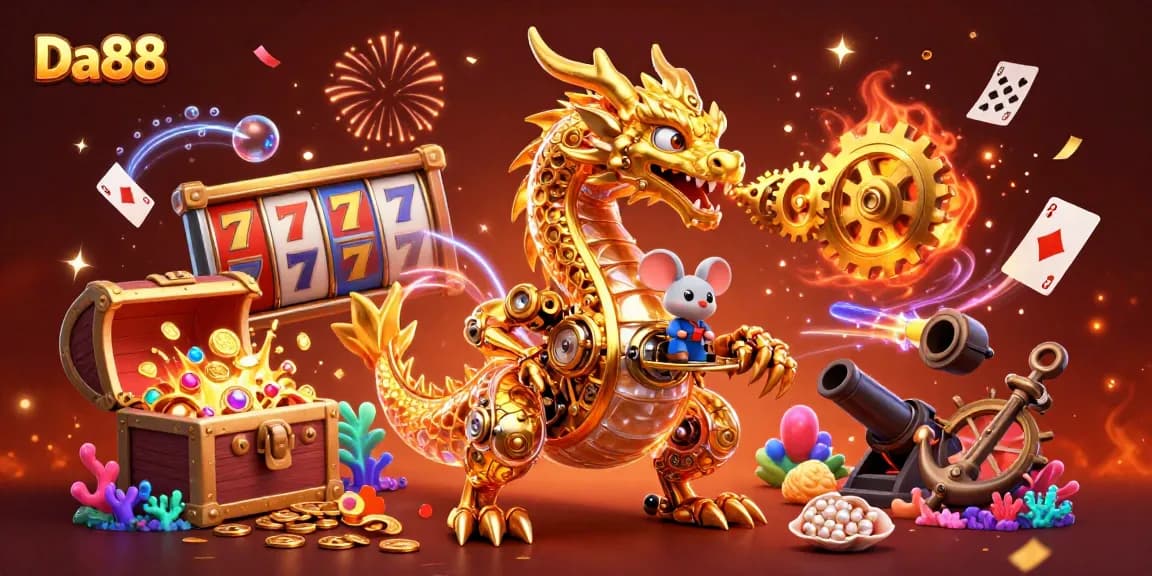 Spin the reels with Da88, a vibrant 3D casino scene showcasing golden dragon and treasure.