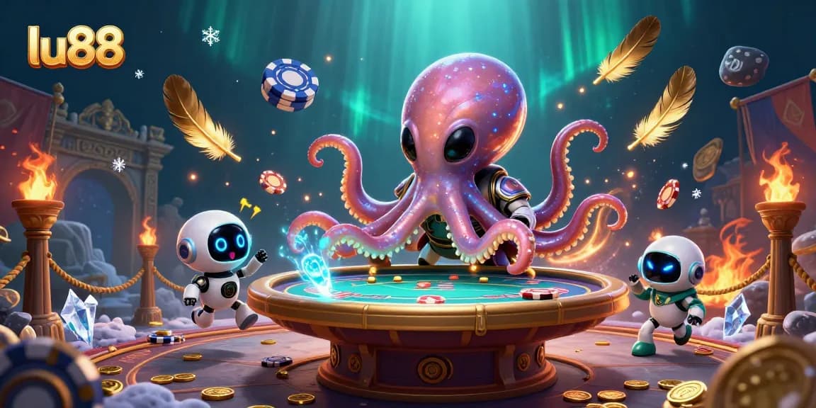 lu88 engages in exciting poker action with a cartoon alien octopus and robot in a vibrant casino scene