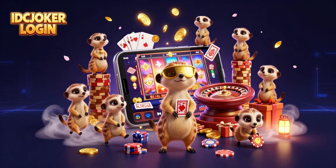 Play slots with IDCJOKER LOGIN in a vibrant casino scene filled with lively meerkat characters and dynamic game elements.