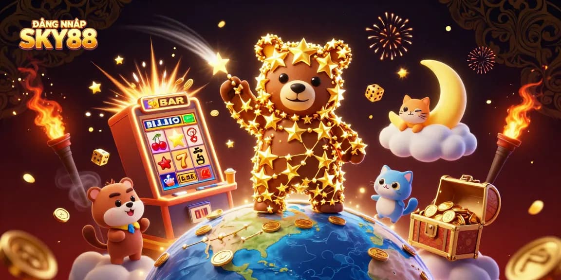 Engage with ĐĂNG NHẬP SKY88 as golden constellation bear reaches for jackpot coins amidst vibrant casino symbols.