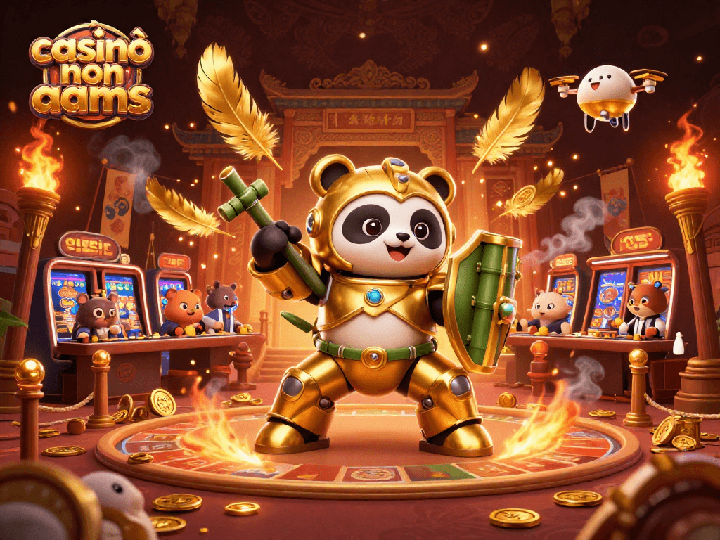 Descrizione di un casinò non AAMS con panda dorato in un'arena piena di monete e giochi.