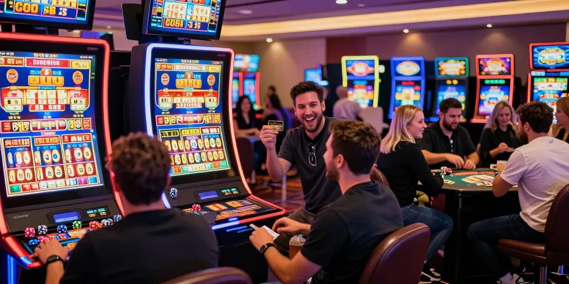 Players celebrating wins at credit card slots in a vibrant casino, showcasing excitement and engagement.