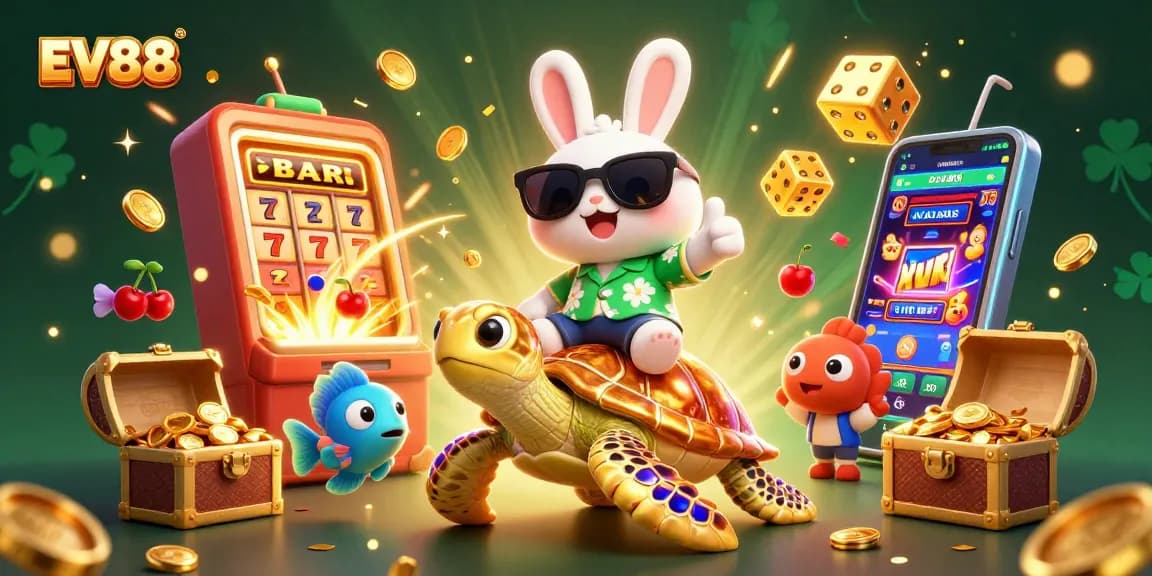 Spin and win at EV88 with a vibrant 3D illustration featuring lucky characters and exciting casino elements.