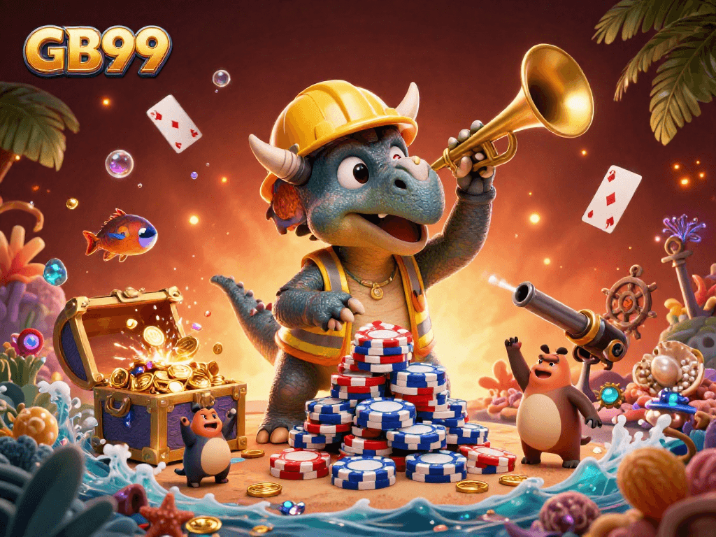 Engage with the exciting world of GB99 as cartoon characters celebrate a grand casino victory.