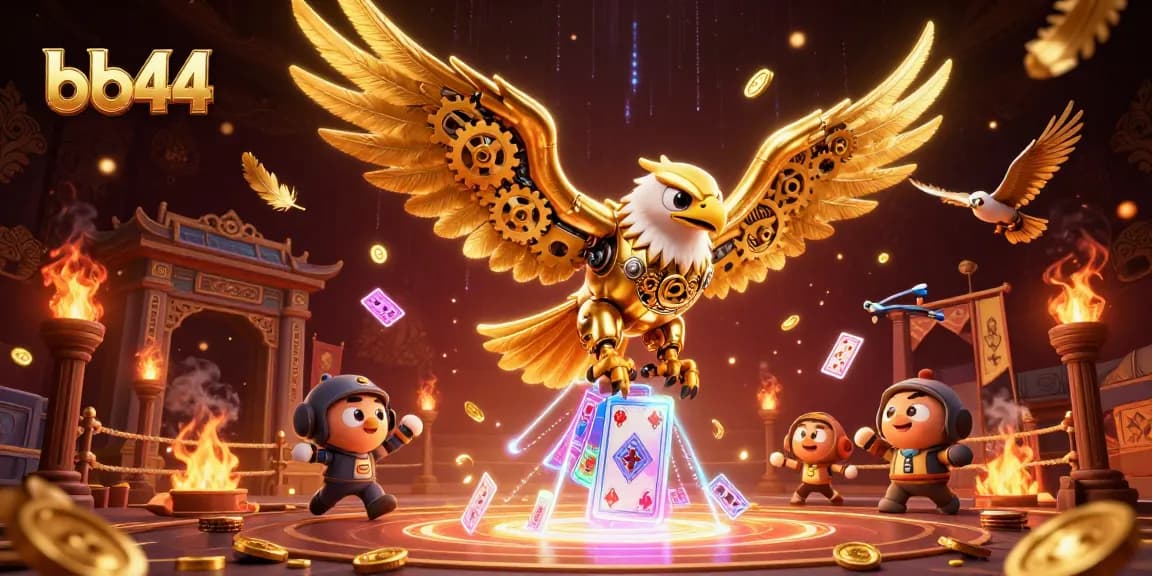 Experience exciting action with bb44’s captivating 3D rendering of a cybernetic golden eagle and holographic playing cards.