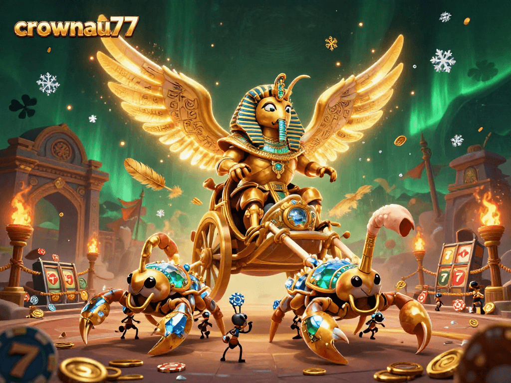 Crownau77 invites players to spin dynamic slot reels amidst an exciting casino scene.