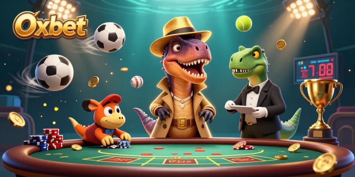 Oxbet features a 3D velociraptor card counter at a blackjack table surrounded by sports betting elements.