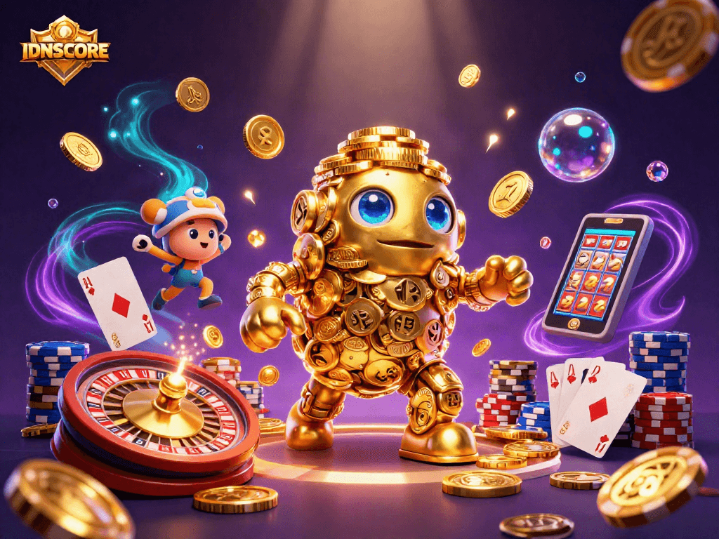 Win big with IDNSCORE in an exciting casino scene featuring vibrant gaming elements.