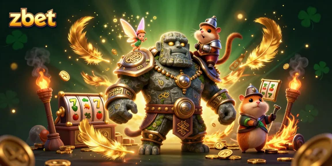 Engage with zbet in a vibrant 3D scene featuring a golem, fairy, and hamster knight amidst buzzing slot game elements.