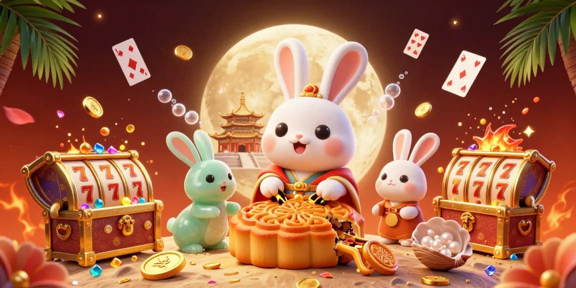Engage with rocstoneart in an exciting casino scene featuring a moon rabbit revealing poker chips, surrounded by slot reels and treasures.