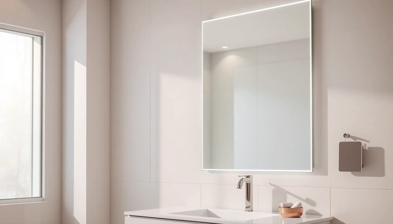 Show a sleek bathroom with a stylish mirror and led lights enhancing the decor.
