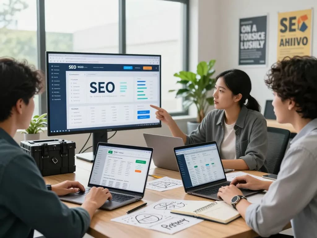 Team collaborating on group buy SEO tools strategies in a modern workspace