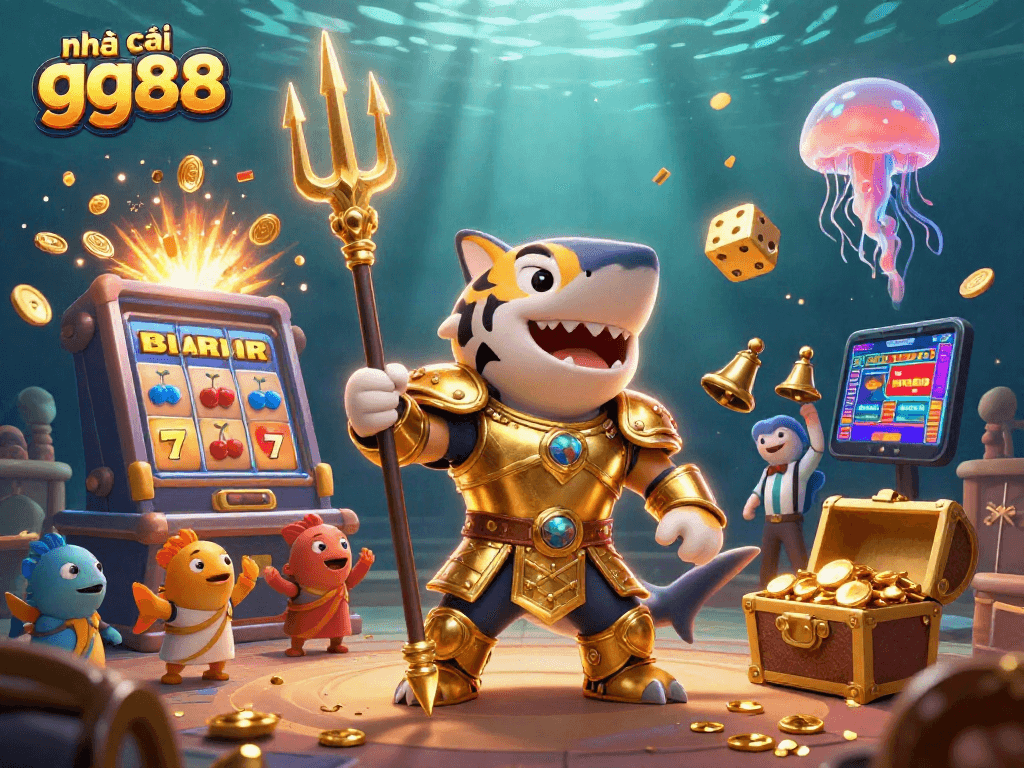 Experience house gaming thrills with nhà cái gg88 featuring a cartoon tiger shark and exciting casino elements.