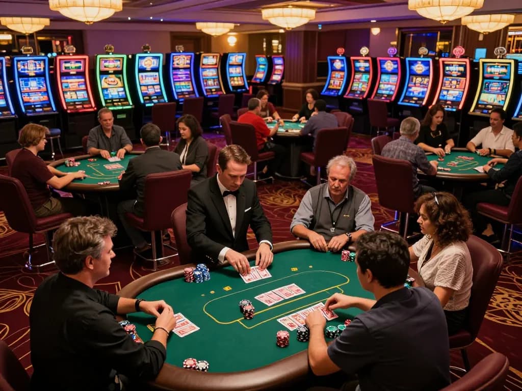 KJC players engaged at poker tables in a vibrant, upscale casino environment with dynamic action.