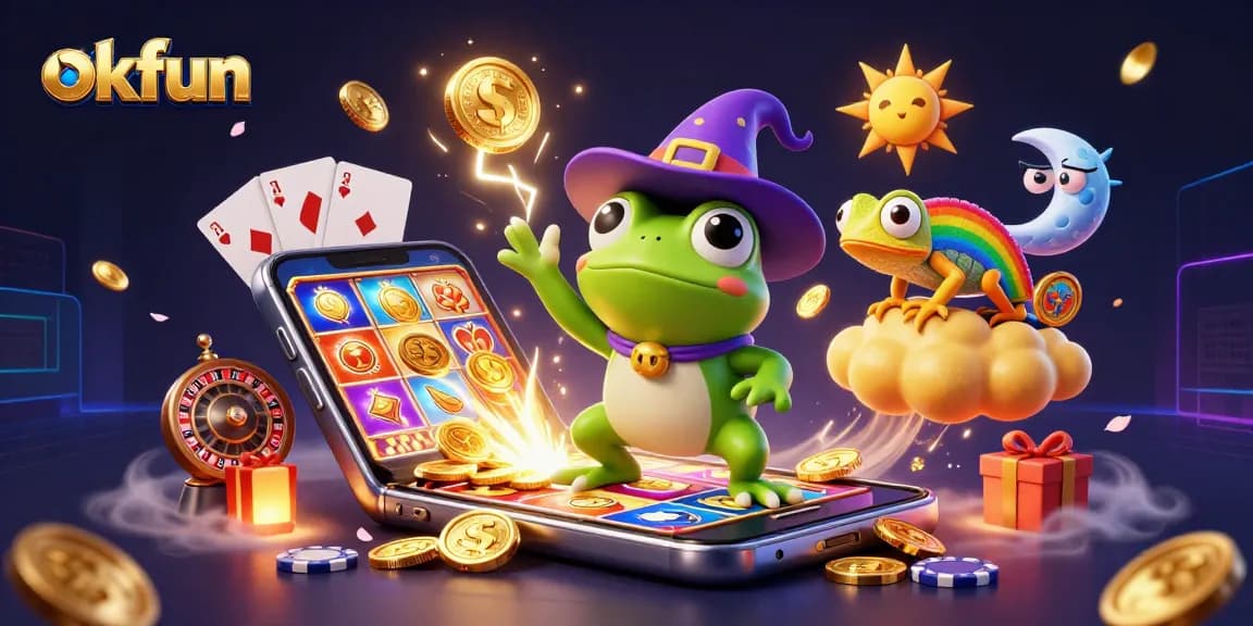 Win big with okfun as a frog wizard conjures golden coins amidst vibrant casino elements and enchanting creatures.