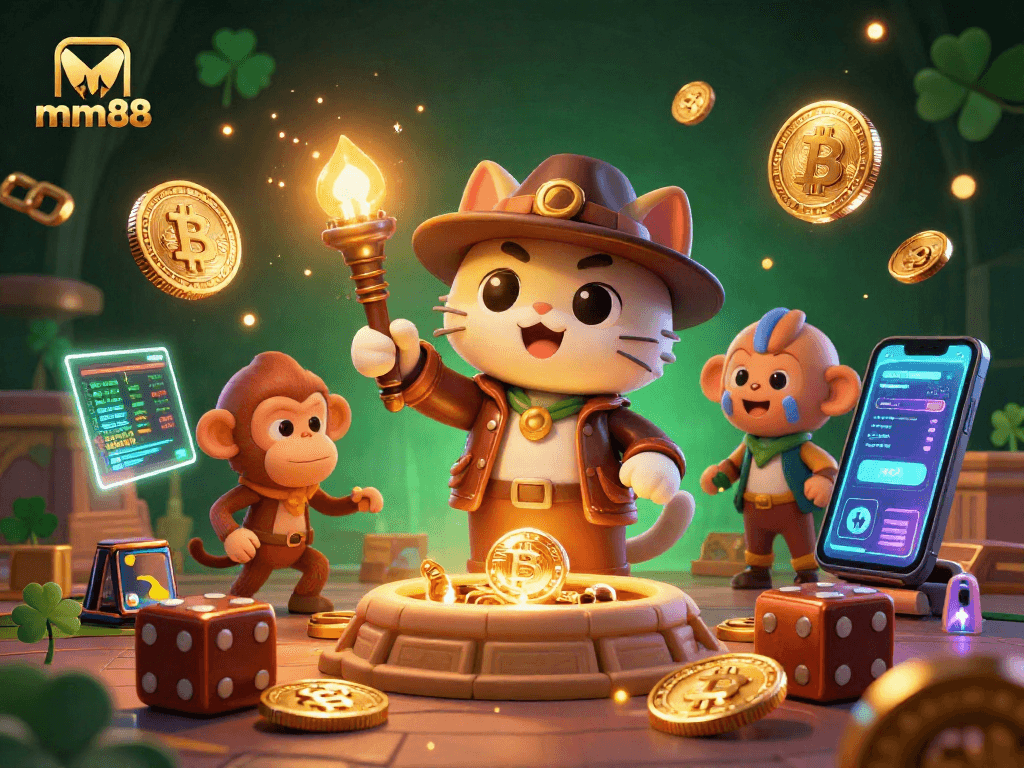 Engage with mm88 and uncover hidden treasures in a vibrant casino adventure illustration.