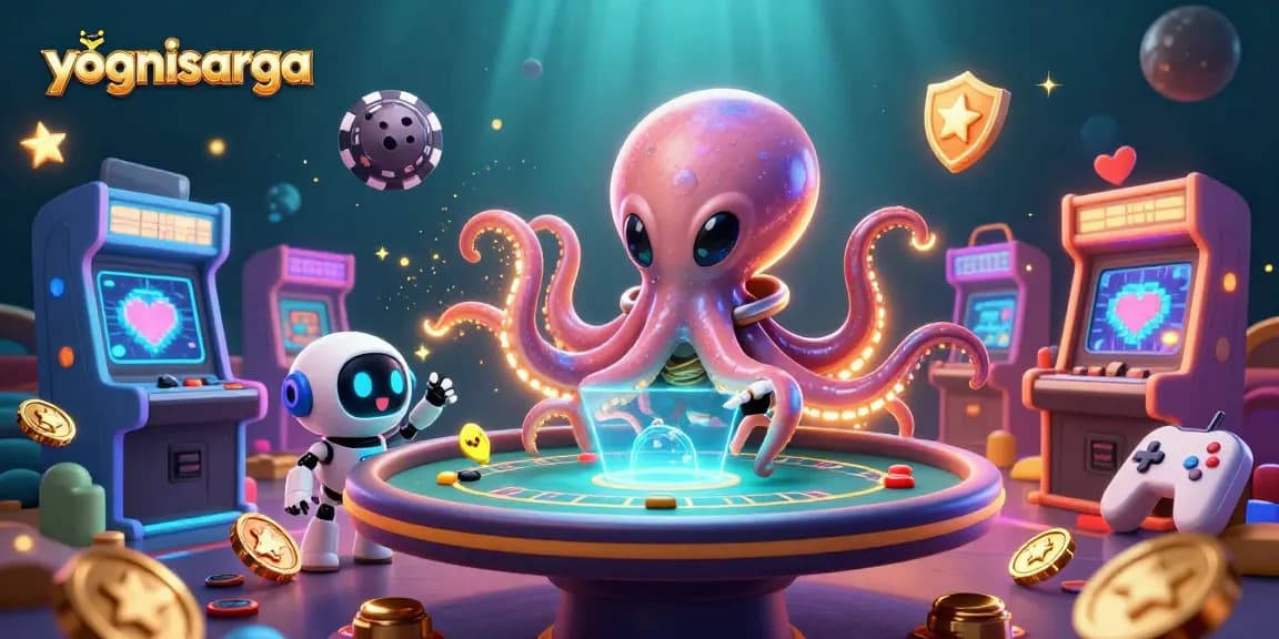 yognisarga showcases an alien octopus playing poker with vibrant casino elements in a cosmic setting