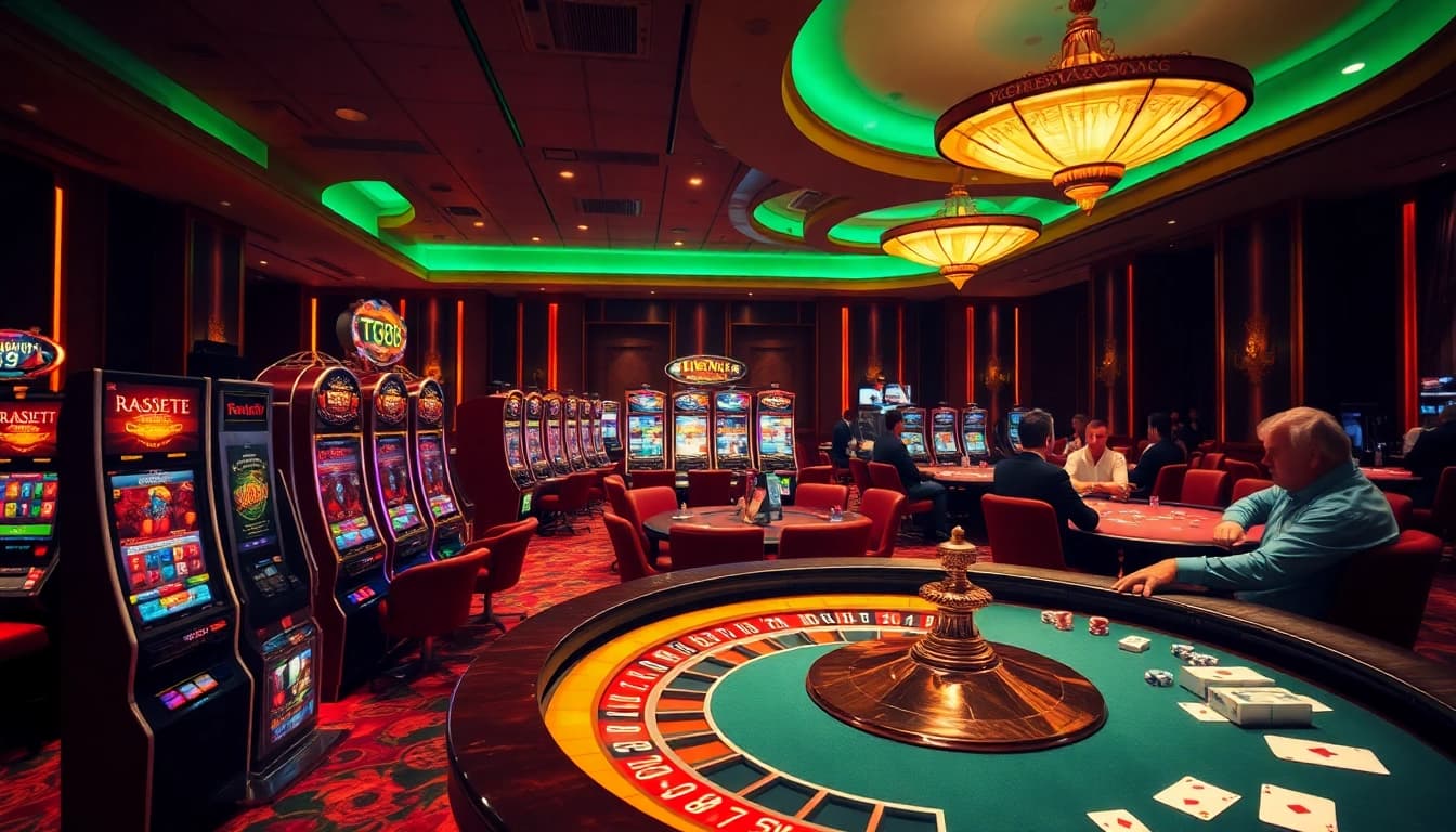 Players enjoying high-stakes action at TG88 casino, showcasing vibrant slot machines and roulette.