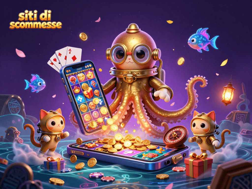 Giocare sui siti di scommesse con la fusione tra un kraken e un gatto subacqueo, attorno a simboli del gioco.