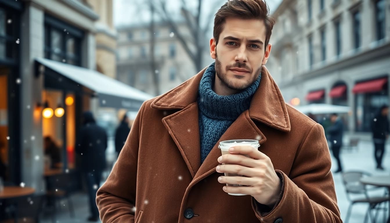 Man showcasing winter coats men in a snowy urban landscape for a stylish winter look.