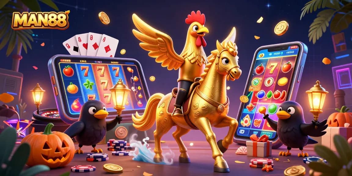 Experience the thrill of MAN88 casino games with a vibrant 3D illustration featuring a golden rooster and gaming elements.