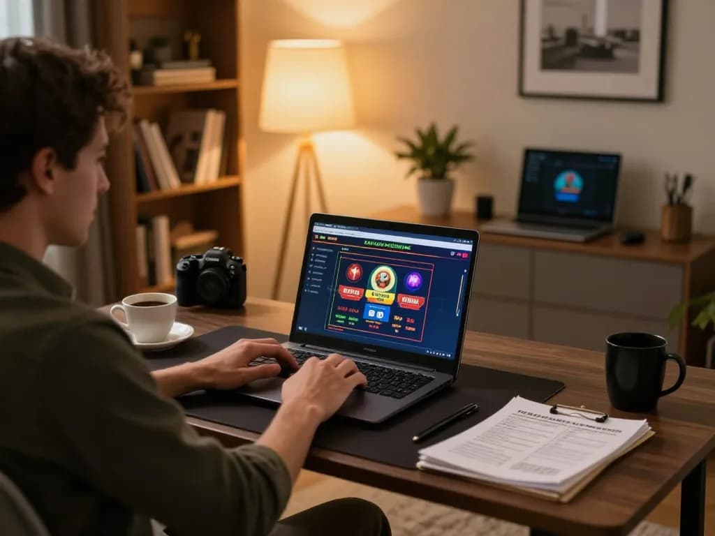 Giocatore che interagisce con siti scommesse non AAMS online, mostrando un ambiente di gioco domestico confortevole con decorazioni eleganti.